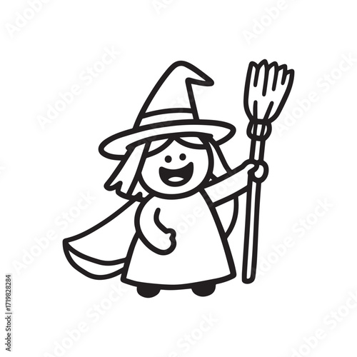 A simple yet captivating black and white line art of a happy witch. 