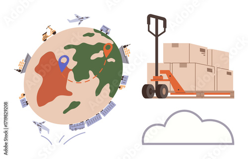 Globe with transportation modes and delivery routes, pallet jack moving boxes. Ideal for delivery chain, logistics, shipping, trade, warehouse operations, global commerce, business management simple
