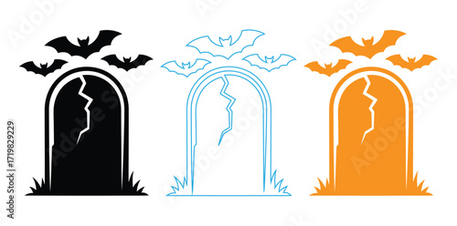 Web Spooky Halloween graveyard tombstone silhouettes with bats flying
