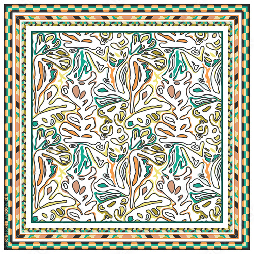 A vibrant square shape scarf,  abstract pattern featuring fluid shapes in green, orange, and tan, bordered by colorful geometric frames.