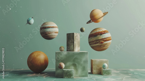 Surreal landscape with floating planets in an abstract space composition