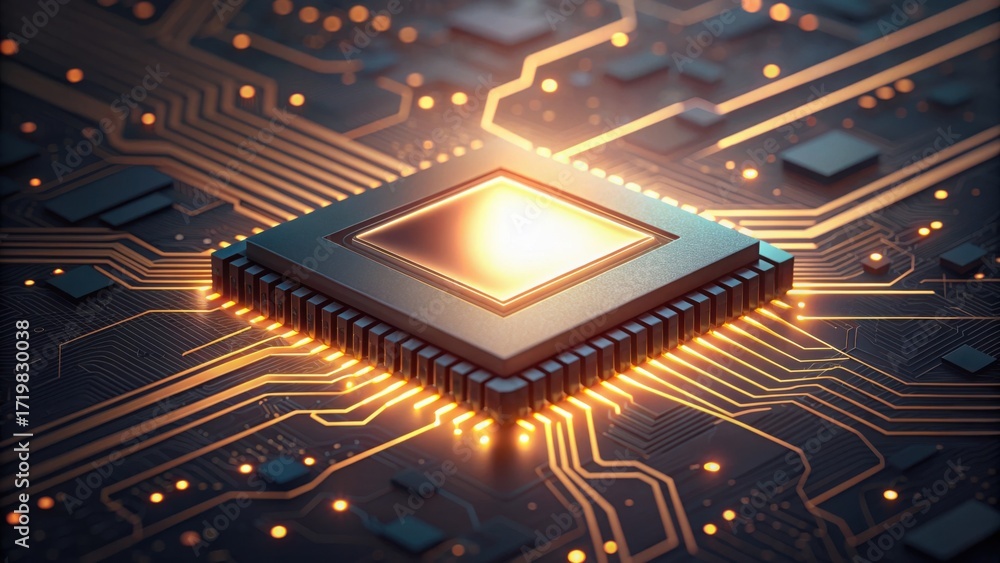 Fototapeta premium Glowing Circuit Board with Chip Illuminating Technology Design