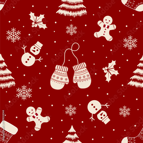 Seamless holiday pattern with gingerbread cookies, mittens, trees, and snowflakes on red background.