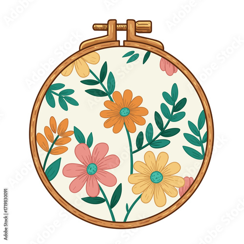 Colorful floral embroidery design in wooden hoop on light background  