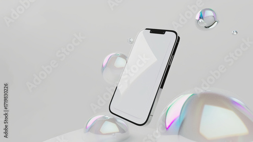 A modern smartphone floats in air, surrounded by colorful bubbles, creating visual appeal