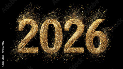 2026 in sparkling gold glitter creates festive and celebratory atmosphere, perfect for New Year celebrations or milestone events. shimmering effect adds touch of elegance and excitement
