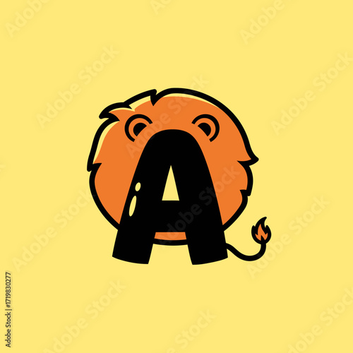 A stylized illustration of a lion's face with the letter 'A' forming its mane and nose, set against a plain yellow background.