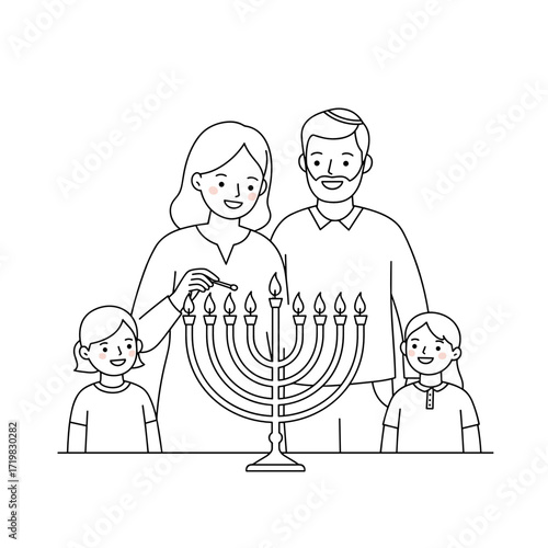 Family celebrating Hanukkah by lighting menorah together  
