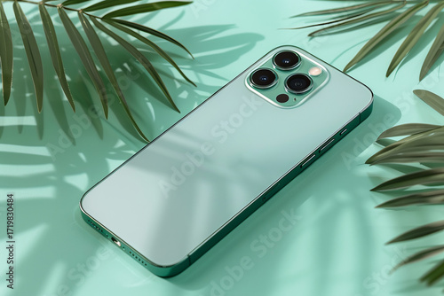 A stylish smartphone lies on a green tropical background with tropical palm trees