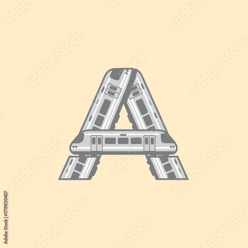 A stylized letter A formed by the front and side sections of a modern train, set against a plain beige background.