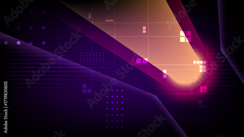 Digital technology website banner. Abstract network communication background. Computer data algorithm. Glowing shape and pixel dot design