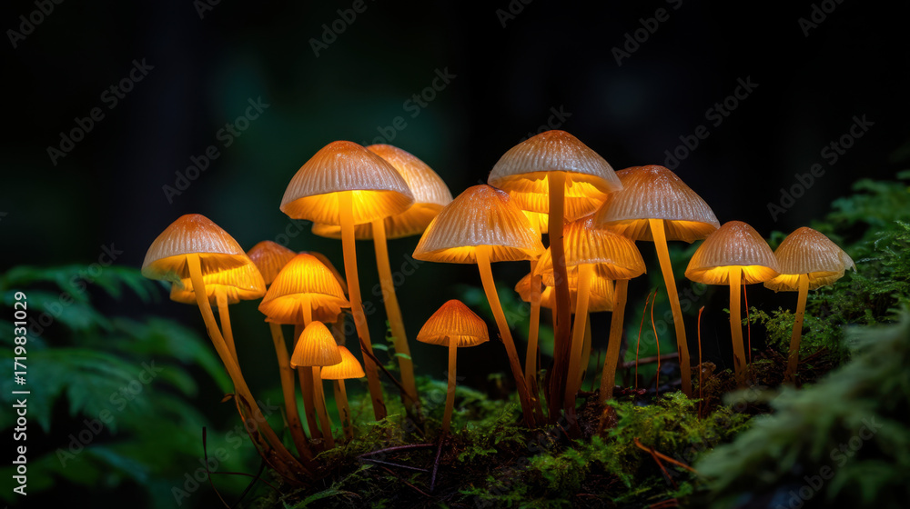 Fototapeta premium Glowing mushrooms illuminate dark forest, creating magical and enchanting atmosphere. Their vibrant orange caps stand out against lush green moss, showcasing nature beauty
