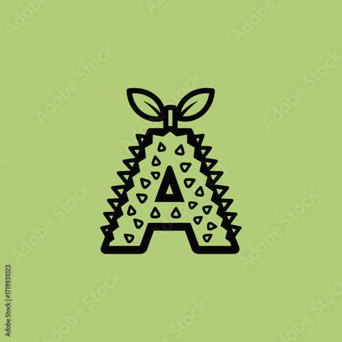 A stylized letter A resembling a durian fruit, with a spiky texture and two leaves at the top, set against a light green background.
