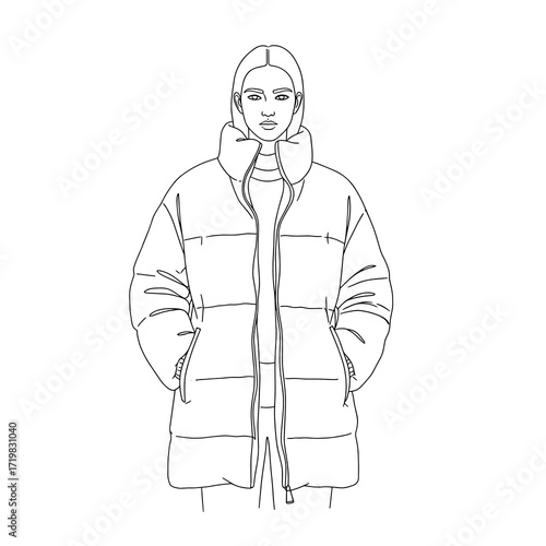 Young woman wearing oversized puffer jacket in minimalist style  
