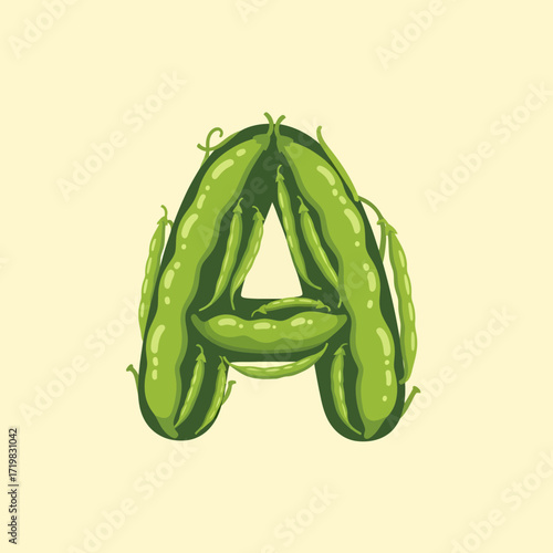 The letter 'A' creatively formed from fresh green beans and peas, set against a pale yellow background.