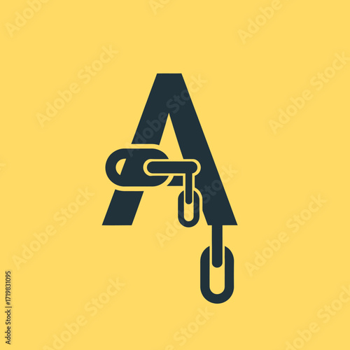 An uppercase letter A graphic design, with a chain attached to it, suggesting a link or connection.