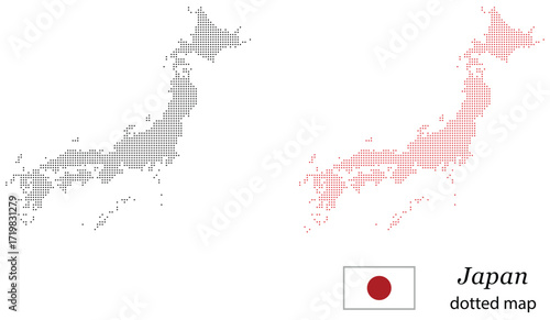 Japan Halftone Map Illustration – Dotted Vector with National Flag
Japanese Dot Map Vector Set – Red Black Styles for Infographics