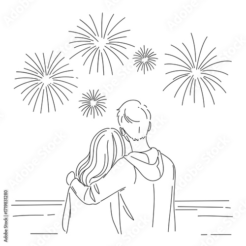 Couple watching fireworks together while embracing at night  