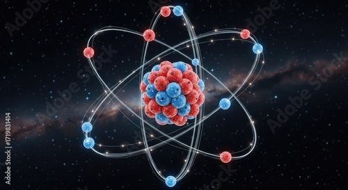 A red and blue atom with a starry background.