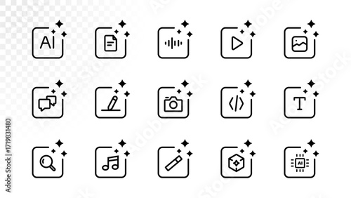 AI multimedia creation icons set. Generate image, video, audio, text, code, photo, 3D, and content with artificial intelligence. Editable stroke. Vector illustration.