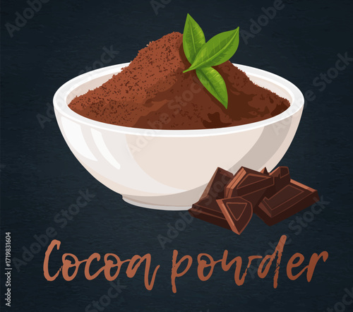 Cocoa Powder in Wooden Bowl Vector Icon. Cartoon illustration of a heaping bowl of cocoa powder isolated on a black chalkboard. The rich, chocolate brown powder is in a smooth and slightly textured 