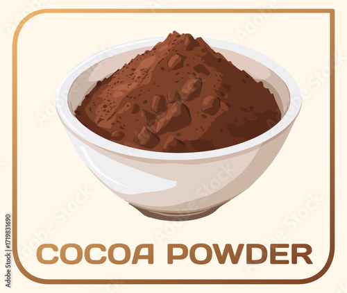 Cocoa Powder in Wooden Bowl Vector Icon. Cartoon illustration of a heaping bowl of cocoa powder isolated on white background. The rich, chocolate brown powder is in a smooth and slightly textured 
