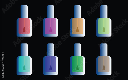 Colorful nail polish bottles lined up against a black background in a flat design