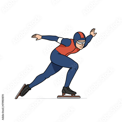 Male speed skater in motion wearing outfit with helmet and visor  