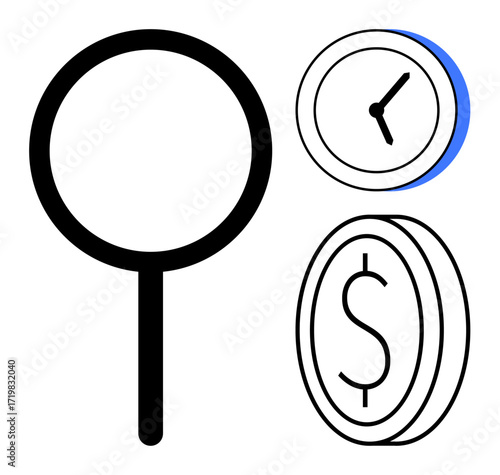 Minimalist magnifying glass with a clock and coin symbolizing time management, money evaluation, and analysis. Ideal for business, research, finance, productivity, efficiency, investment simple flat