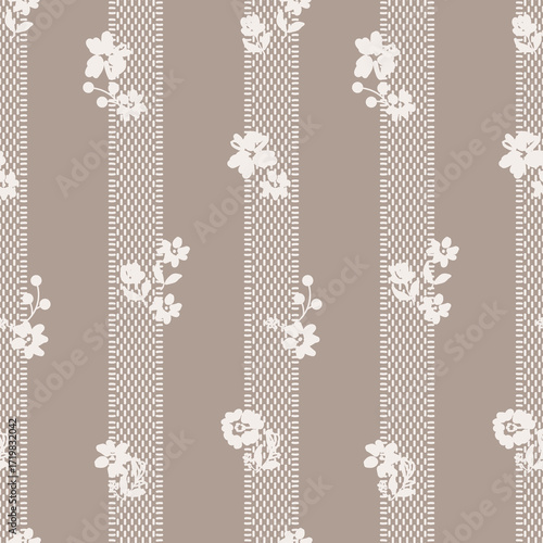 Flower pattern block print cream brown background with meadow flowers. Farmhouse neutral backdrop and floral stripes grandmillenial style