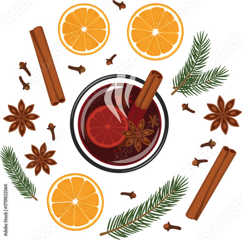 Vector Flat Lay of German Glühwein with Spices