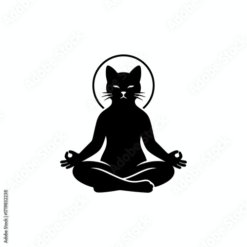 Silhouette of a meditating cat in yoga pose with a halo  