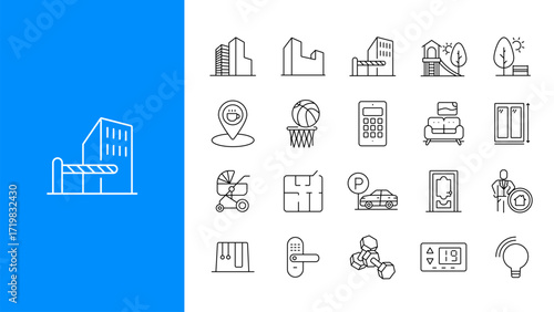 Real estate line icons set. Apartments, buildings, housing, mortgage, smart home, parking, furniture, playground, interior and architecture. Outline vector illustration.