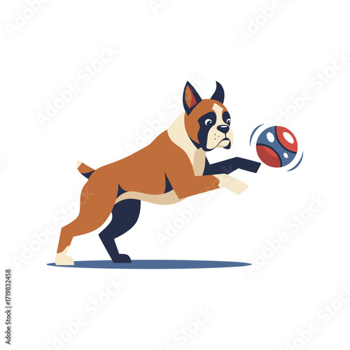 Boxer dog jumping to catch a ball with playful expression  