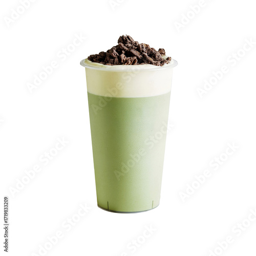 Isolated Oreo matcha milk foam drink on white background, milk tea cafe assets