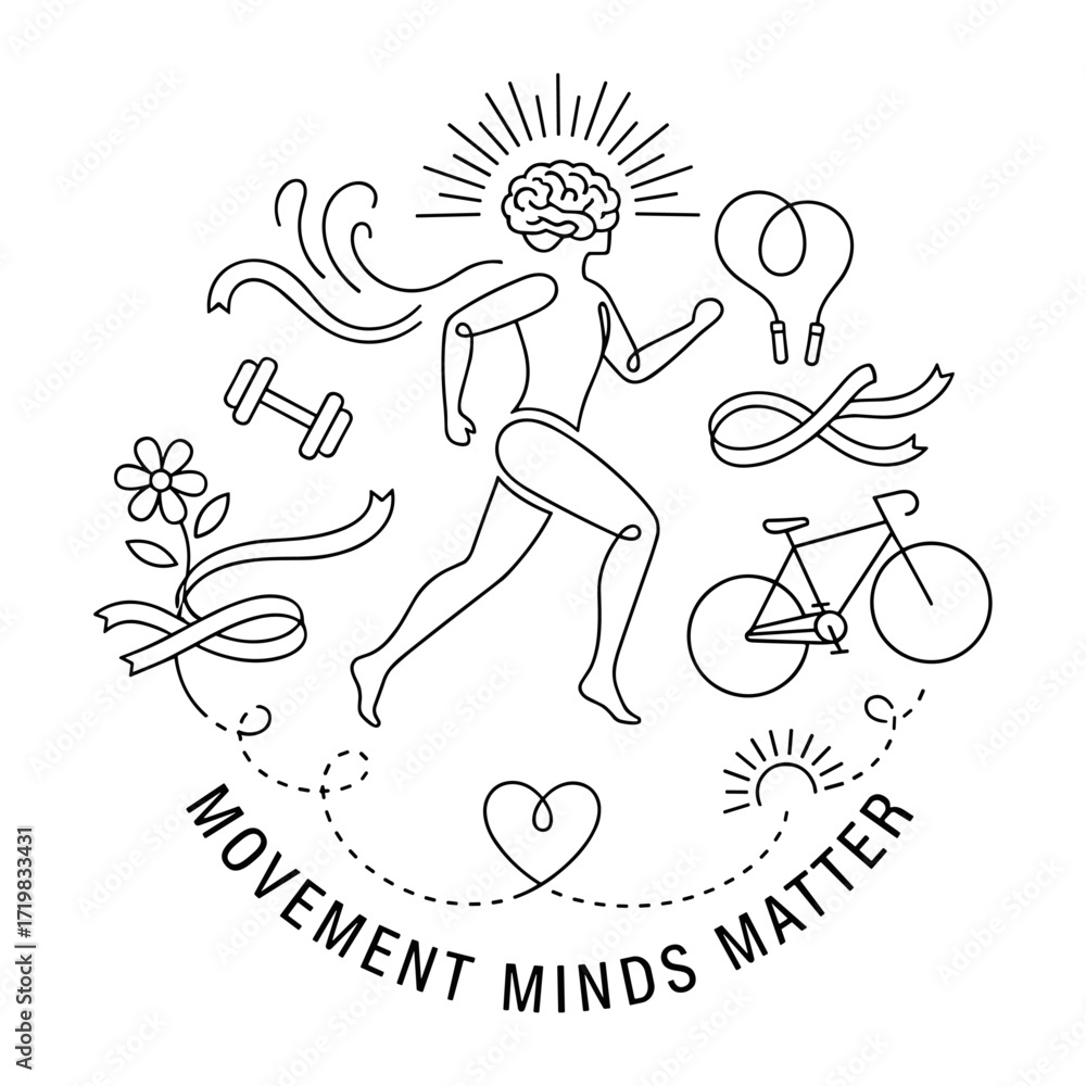 Fototapeta premium Runner with brain head in minimalist line art in black and white
