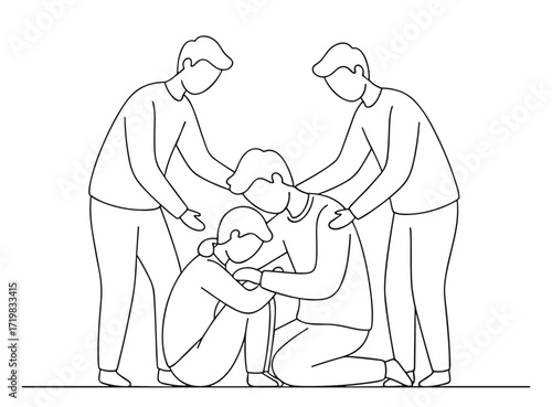 People comforting friend against minimalist background
