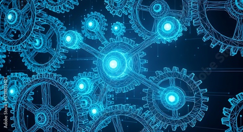 Dynamic interconnected glowing blue digital gears mesh, symbolizing innovation and complex systems in technology