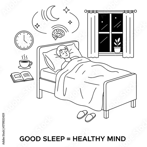 Good sleep - healty mind illustration in minimalist line art in black and white
