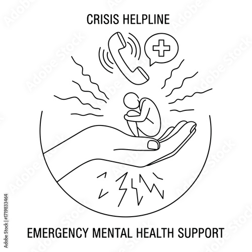 Emergency mental health support concept in minimalist line art in black and white