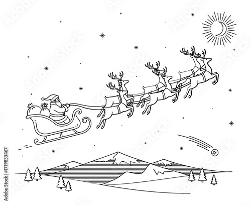 Santa in sleigh with reindeer against snowy mountain night background