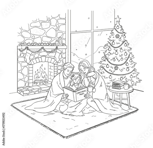 Family reading by fireplace in minimalist line art in black and white