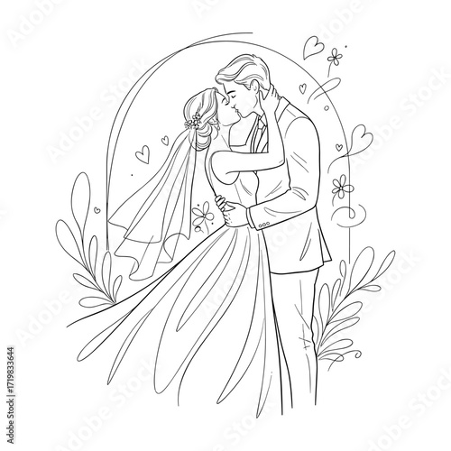 Line drawing of bride and groom kissing