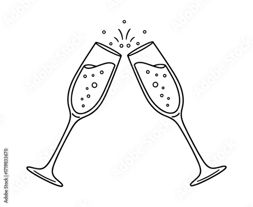 Champagne flutes clinking line art in black and white