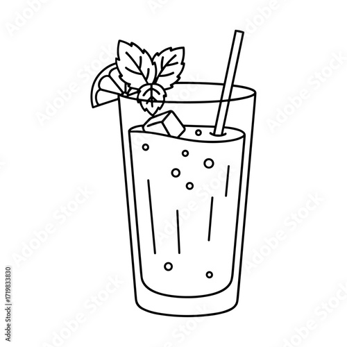 Iced drink with lime in minimalist line art in black and white