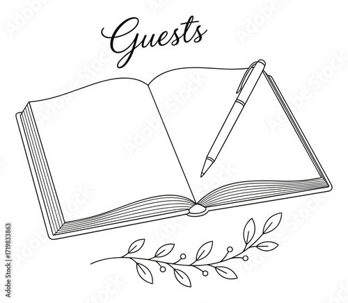 Guest Book with Pen in Line Art in Black and White