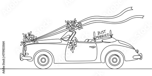 Just married car line drawing in black and white