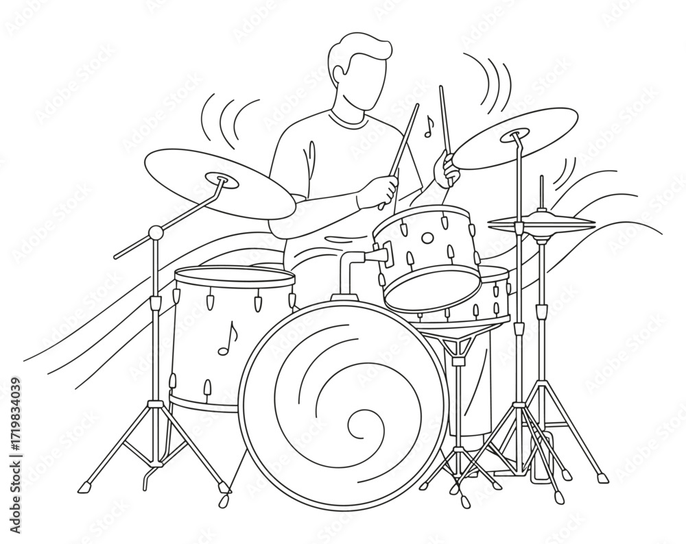 Fototapeta premium Drummer at drum set in line art style