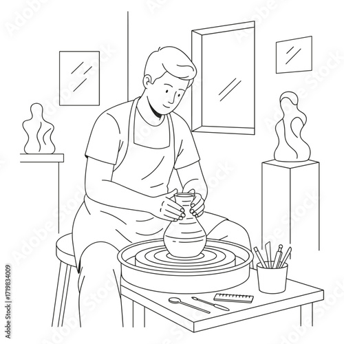 Potter at wheel against studio background