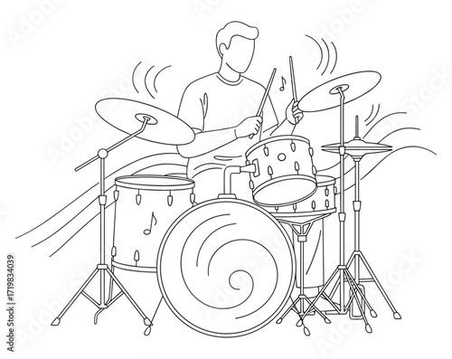  Drummer at drum set in line art style